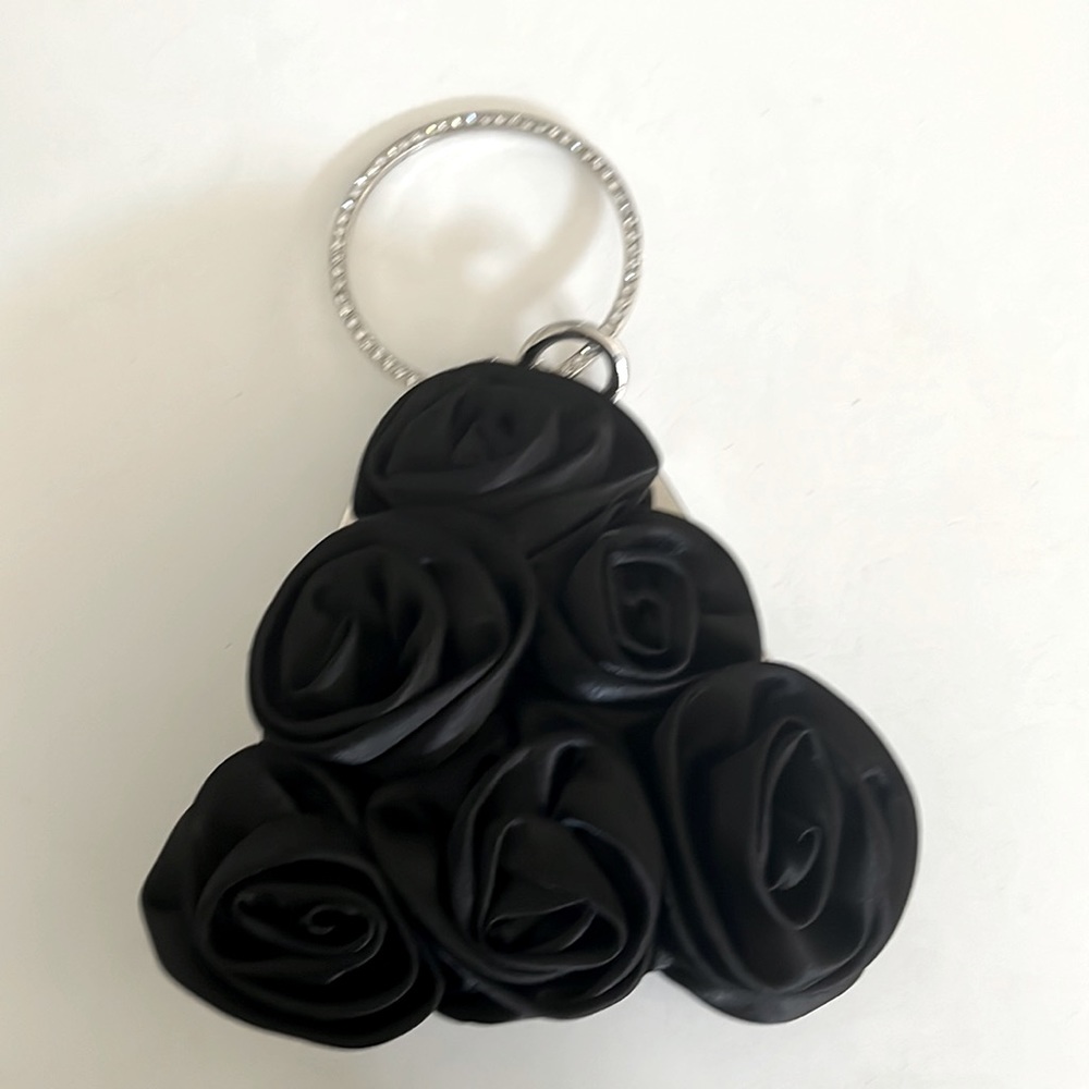 Black silk rose bag with rhinestone ring